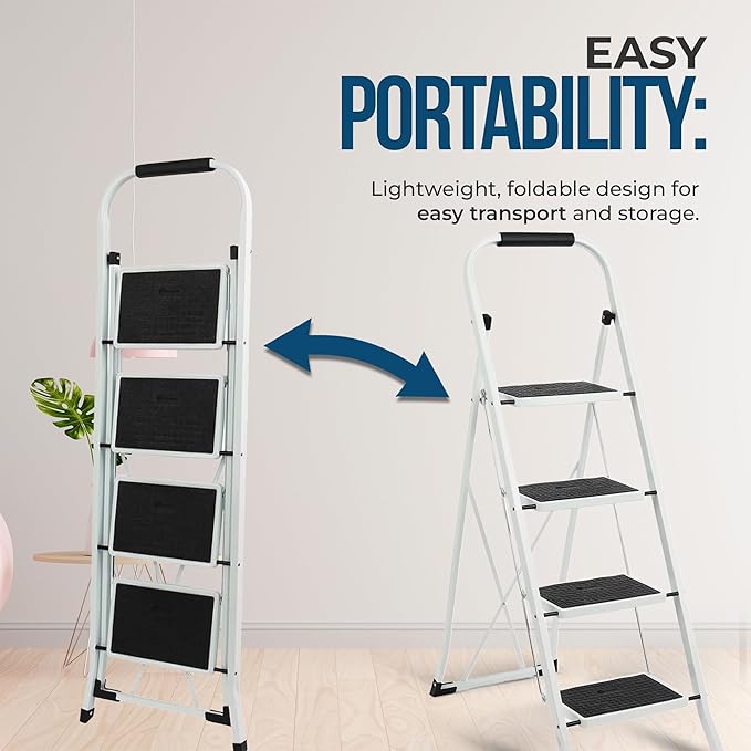 SIMPLI-MAGIC 4-Step Ladder, 350 LBS Capacity Folding Step Stool – Anti-Slip Wide Steps, Rubber Feet, Handgrip – ANSI Certified Lightweight & Durable Steel Stepping Stool for Kitchen, Home & Garage