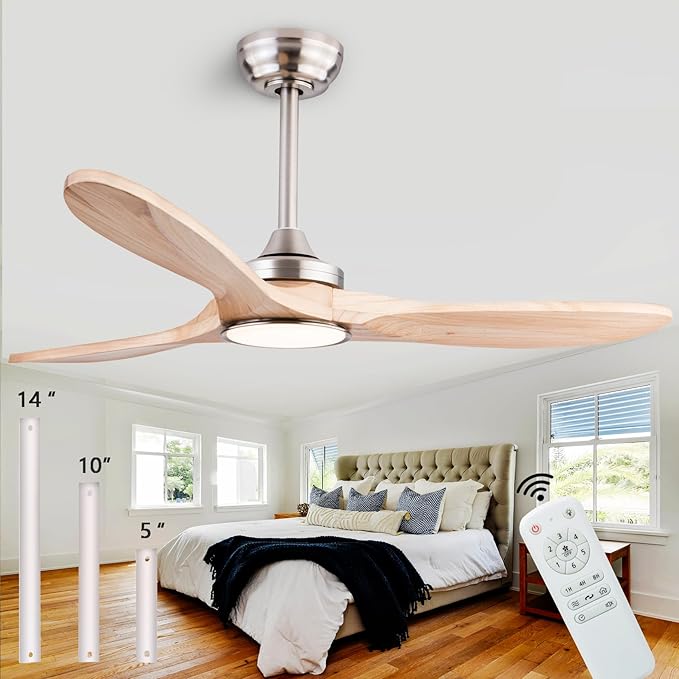 42" Wood Ceiling Fans with Lights and Remote Control,Indoor Outdoor 3 Blades Wooden Ceiling Fan for Garage,Patio,Living Rooms,Bedrooms,Offices,Farmhouse(Nickel+Raw wood)