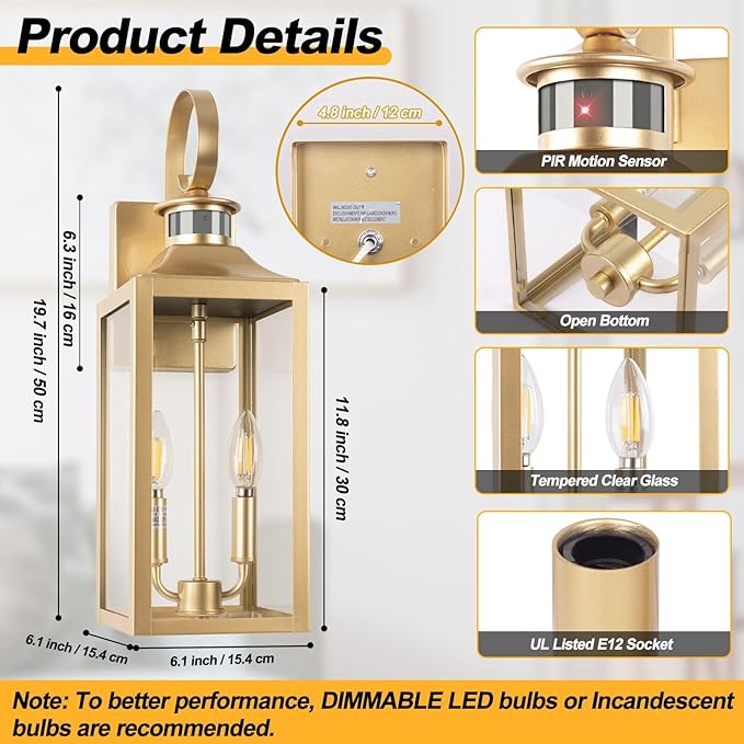 20" Gold Motion Sensor Outdoor Light, Large Dusk to Dawn Outdoor Lighting Fixture, Farmhouse Wall Mounted Porch Lamp, Waterproof Sconce Light for Outside Patio, 3 Modes/2-Light/1-Pack