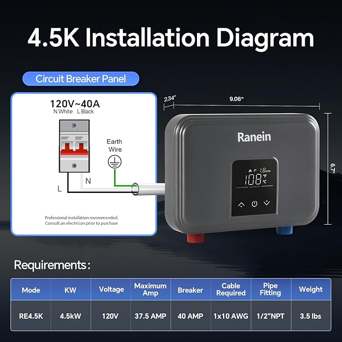 Ranein 4.5 kW 110v Electric Tankless Water Heater Ultra - Instant On-Demand Under-Sink Point-of-Use Heater for Bars, Hair Salons, Touch, CSA Certified with LED Digital Display
