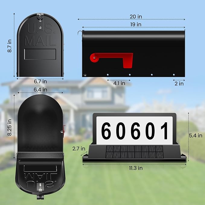 Solar Mailbox Light for Outside Post Mount - 3 Light Modes, Strongest Magnet, Dual-Sided, Waterproof Galvanized Steel, Easy Install, Medium Capacity, 20 x 8.8 x 7 inches, Black