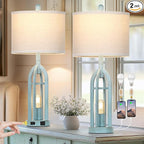 27" Farmhouse Table Lamps for Living Room,Blue Vintage Lamps Set of 2 with USB A+C Charging Ports & AC Outlet, Retro Nightstand Lamp with Fabric Shade for Bedroom, Entryway(4 Bulbs Included)