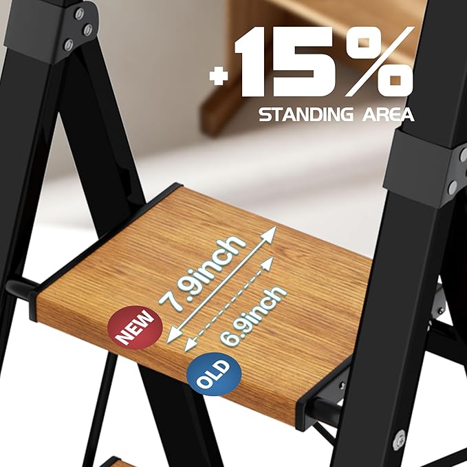 4 Step Ladder,Lightweight Folding Step Stool with Aluminum Wide Pedal& Convenient Handgrip,330lbs Capacity Steel Ladder for Household and Office(Black &Woodgrain)