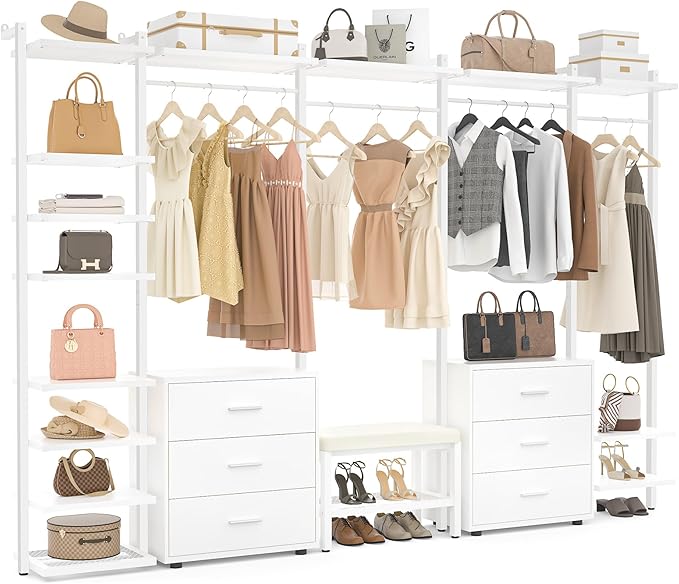 Aheaplus 8FT Closet Organizer with 6-Drawers, 96'' Wood Organizer with Storage, Clothing Rack Wardrobe Closet Garment Rack for Hanging Clothes, Bedroom, White