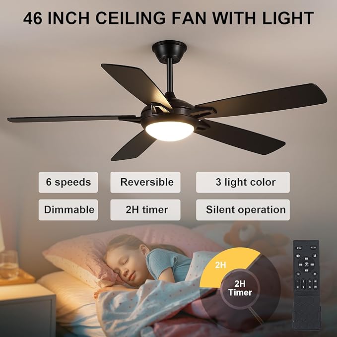 52 Inch Ceiling Fans with Lights and Remote, Modern Indoor Outdoor Ceiling Fan for Bedroom Living Room Patio Porch, 6 Speeds, Reversible Quiet Motor, Dual Finish Wooden Blades, Black