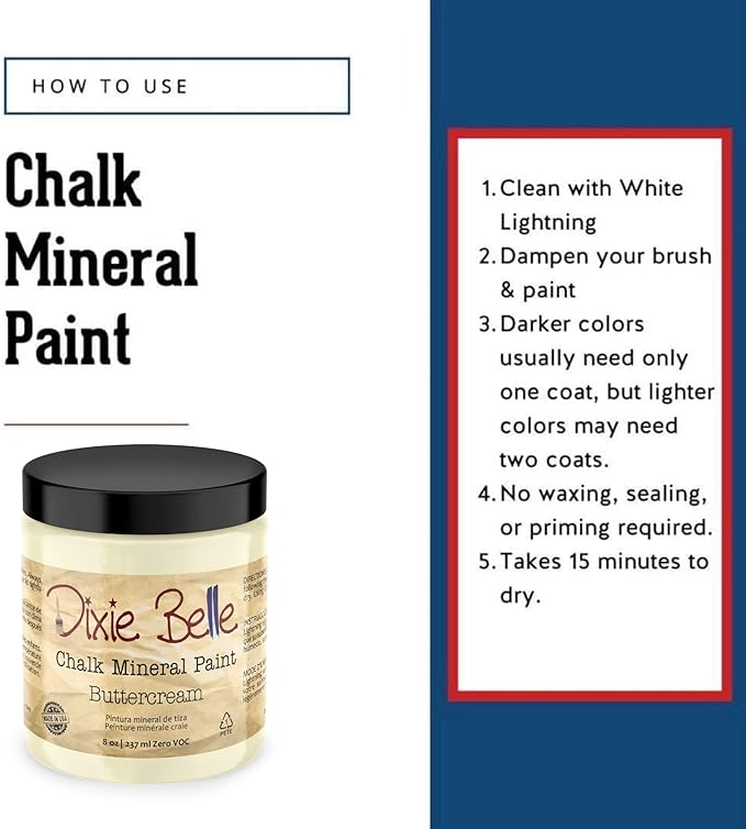 Dixie Belle Paint Company Chalk Finish Furniture Paint - Buttercream (8oz) - Matte Creamy White Chic Chalk Mineral DIY Furniture Paint