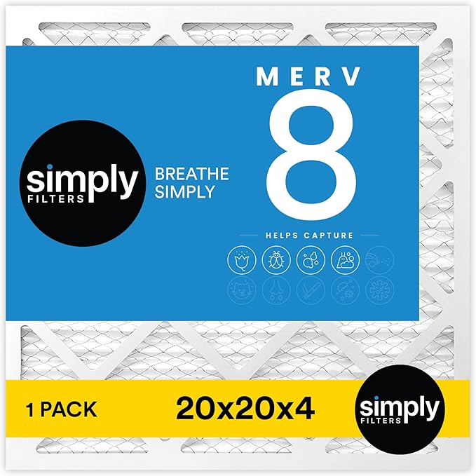 Simply 20x20x4 Air Filter, MERV 8, MPR 600, 1 Pack, Furnace Air Filter for HVAC (Actual Size:19.5"x19.5"x3.63") DUST, Pet, & Allergy Control