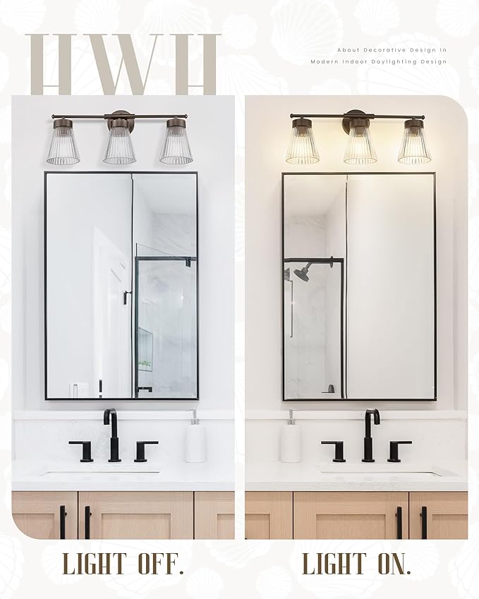 Bathroom Vanity Light Fixture, HWH 3-Light Farmhouse Vanity Lights Over Mirror Bathroom Lighting Fixtures with Clear Striped Glass Shade, Oil-Rubbed Bronze Finish, 5HZG97B-3W ORB