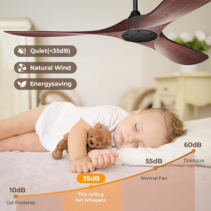 60 Inch Ceiling Fan Without Lights, Walnut Finish | Outdoor Ceiling Fan with Remote, 6-Speed Adjustable Reversible DC Motor for Patio & Living Room