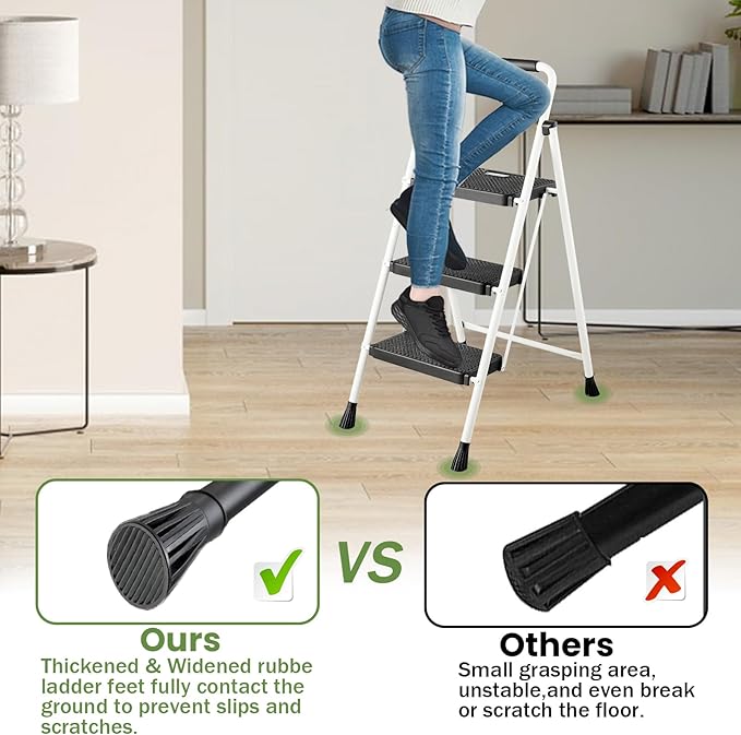 3 Step Ladder, Folding Step Stool 500 Lbs Capacity for Adults & Kids, Heavy Duty Steel Sturdy Step Ladder with Non Slip Wide Pedals, Space Saving Step Stool for Home Kitchen Office, White