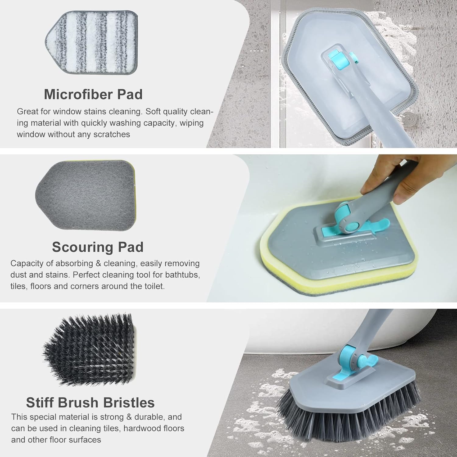 Long Handled Scrub Brush for Shower,3-in-1 Cleaning Brushes with 3 Different Function Cleaning Heads Brush for Shower Cleaning Bathroom Kitchen Walls Tub Tile (Grey)