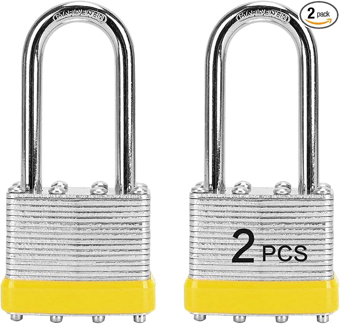 Padlocks with Same Key, LQYN 2 Pcs Laminated Keyed Padlock (1-9/16", 40mm), Keyed Alike Locks, Long Shackle, for Storage Locker, Hasp Latch, Toolbox, Sheds