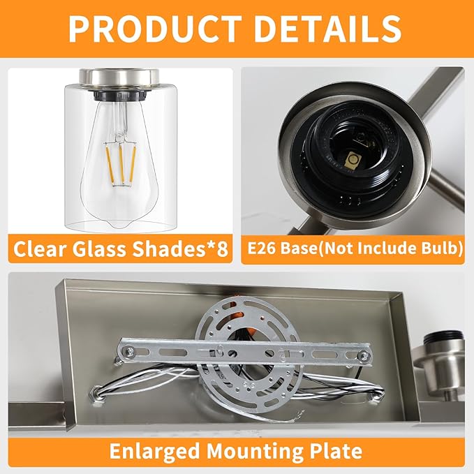 52inch Brushed Nickel Vanity Light Fixtures, 8 Light Brushed Nickel Bathroom Vanity Lights Over Mirror, Matte Nickel Modern Bathroom Wall Lighting for Mirror Bedroom,Living Room