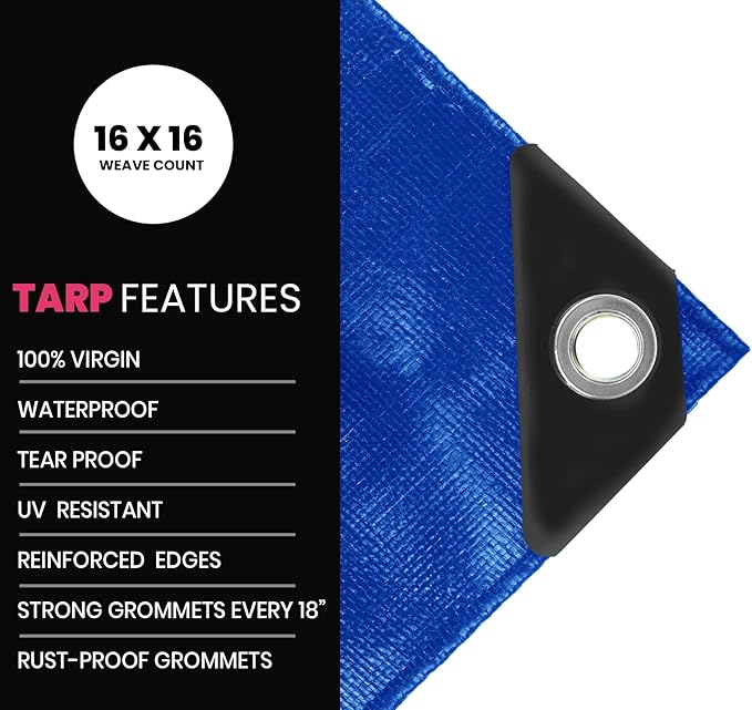 PROTARP Extreme Heavy Duty 22 Mil Tarp Cover, Waterproof, UV Resistant, Rip and Tear Proof, Poly Tarpaulin with Reinforced Edges for Roof, Camping, Patio, Pool, Boat. (Blue 12′ X 20′)