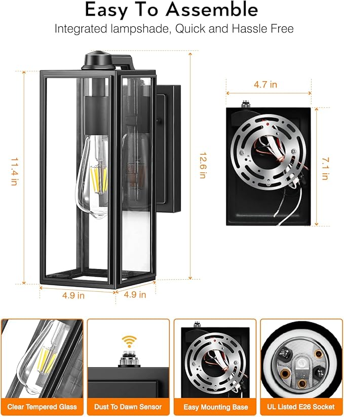 VIANIS Dusk to Dawn Outdoor Wall Lanterns,Black Exterior Light Fixture Wall Mount for House Front Porch,Anti-Rust Aluminium Modern Outdoor Coach Lantern with Tempered Glass Shade for Garage