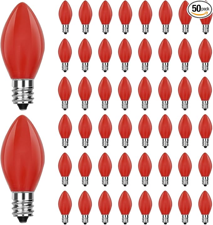50 Pack C7 Red Christmas Light Bulbs, 5W Ceramic Incandescent Replacement Bulbs for Outdoor String Lights, C7 Christmas Night Light Bulbs for Porch Patio Garden Holiday Decor, E12 Intermediate Base