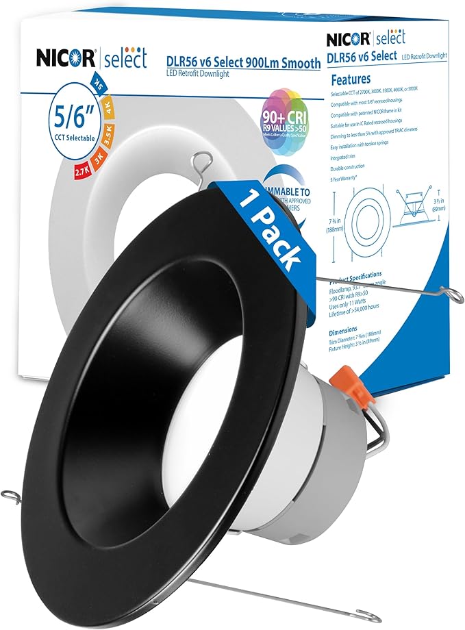 NICOR Lighting Recessed Ceiling Lights LED Downlight - Dimmable 5/6 inch LED Recessed Light Fixtures - Selectable CCT 2700K-5000K, 918 Lumens, 10.3W - DLR56 LED Retrofit Ceiling Light, Black, 1-Pk