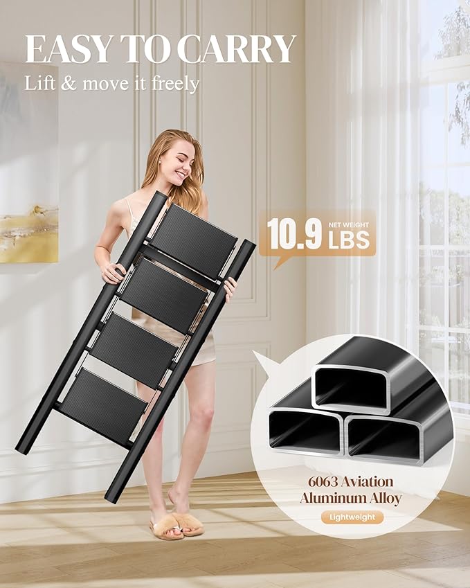 GameGem 4 Step Ladder, Folding Step Stool with Wider Pedal, Anti-Slip Feet & Non Slip Stripes, Aluminum Sturdy Material, 300Lbs Capacity, Elegant Look of Piano Black Better Matches Your Home