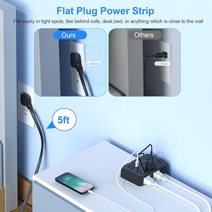 Flat Plug Power Strip Surge Protector, 5ft Ultra Thin Extension Cord with 4 USB Wall Charger(2 USB C Port), 6 Widely-Spaced Outlets Power Strip Compact for Travel, Office, Dorm Room Essentials (Black)