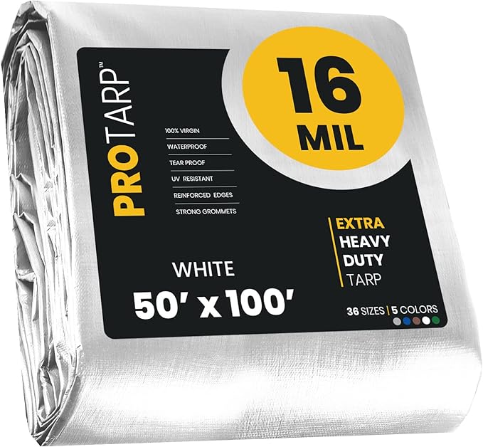 PROTARP Extra Heavy Duty 16 Mil Tarp Cover, Waterproof, UV Resistant, Rip and Tear Proof, Poly Tarpaulin with Reinforced Edges for Roof, Camping, Patio, Pool, Boat. (White 50′ X 100′)