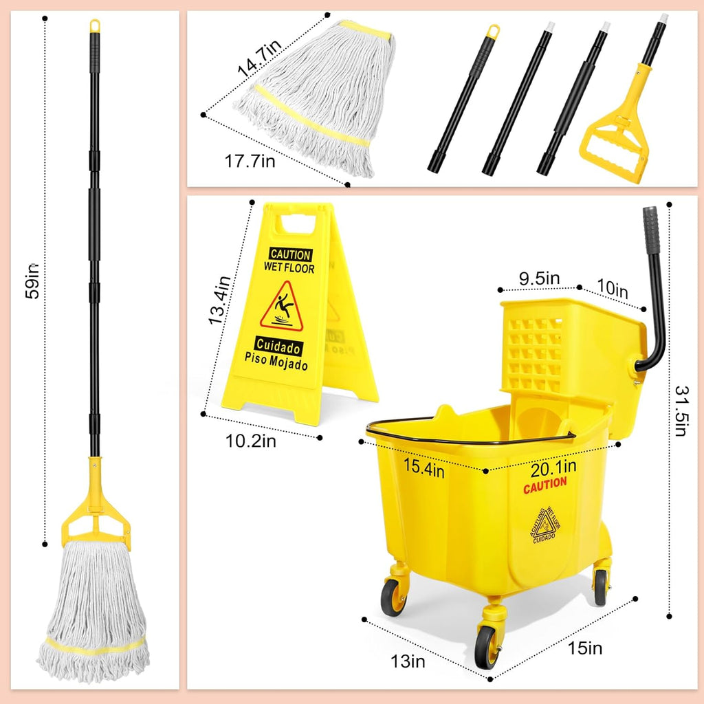 38 Qt Commercial Mop Bucket with Side Press Wringer on Wheels,Yellow Industrial Mops and Bucket Set for Floor Cleaning,Including 1 Industrial Mop and Wet Floor Caution Sign,Beyoco