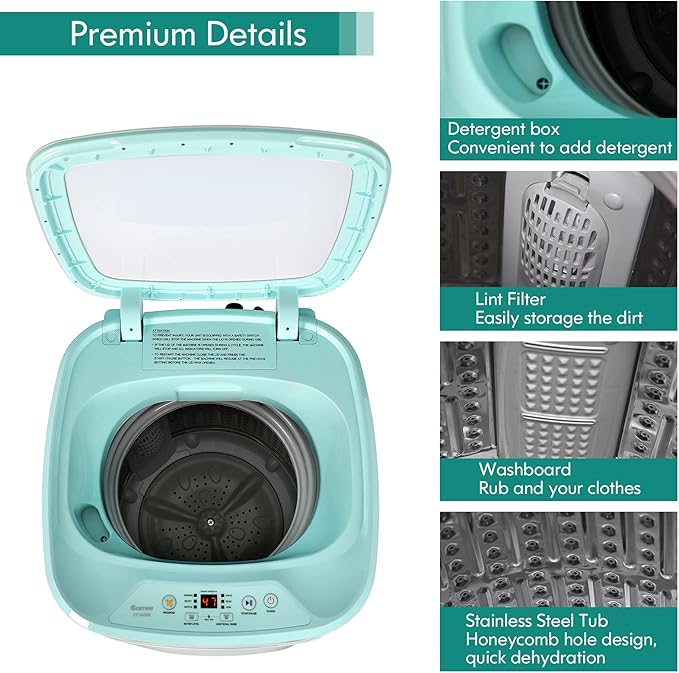 COSTWAY Portable Washing Machine, 8 Lbs Capacity, Built-in Drain Pump, Compact Laundry Washer with 6 Programs, 6 Water Levels, Child Lock, Full-Automatic washer for RV, Dorm, Apartment, Green