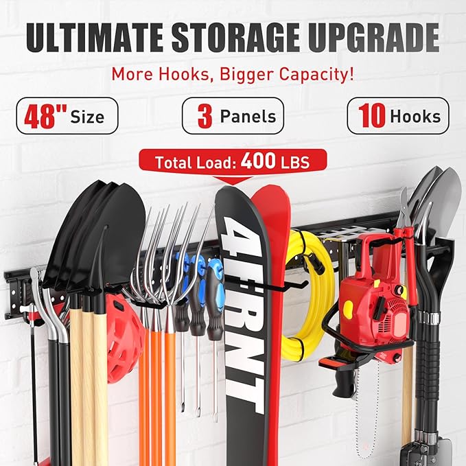 Garage Tool Organizer Wall Mount 48 inches with 10 Adjustable Heavy-Duty Hooks, Garage Organization, Garden Tool Storage Rack, Yard, and Shed, Holds Up to 400 lbs