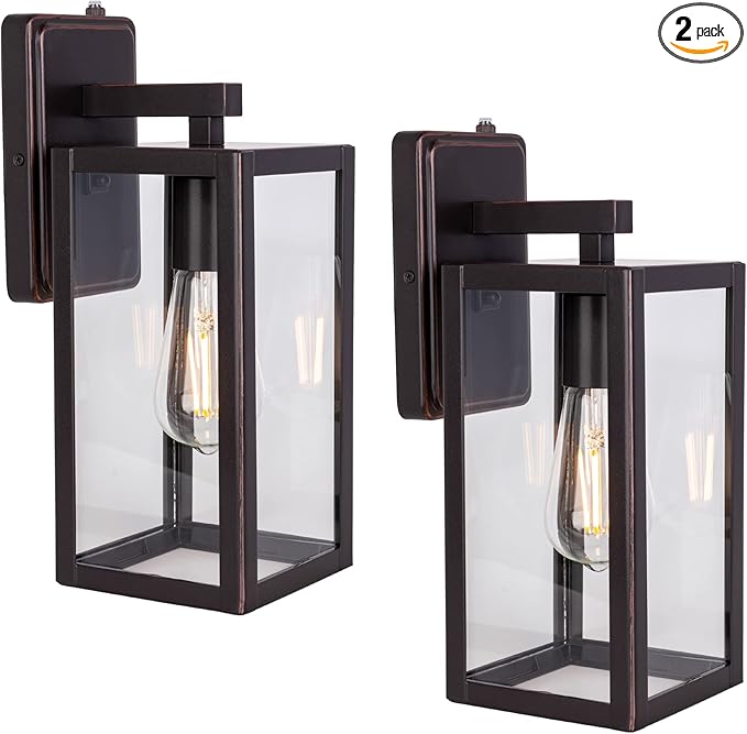 LIT-PaTH Dusk to Dawn Outdoor Wall Lantern, Wall Sconce as Porch Lighting Fixture, E26 Medium Base Max 60W, Anti-Rust Metal with Glass Shade, Oil Rubbed Bronze Finish, 2-Pack