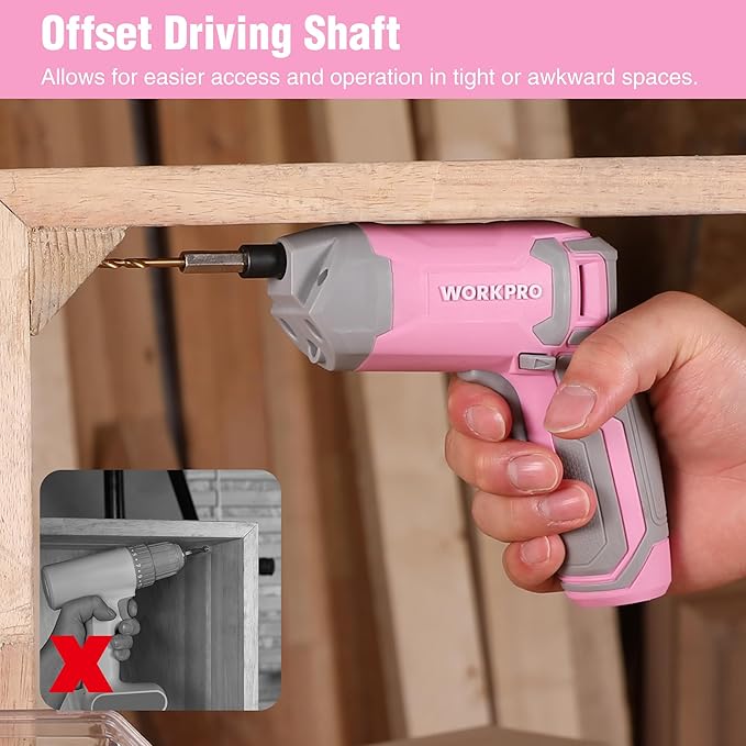 WORKPRO Pink Cordless Screwdriver Set, 3.6V Electric Rechargeable Eccentric Power Screwdriver Kit with 24Pcs Bits, Delay-off LED Light, 2000mAh High-Capacity Battery, Carrying Case Included
