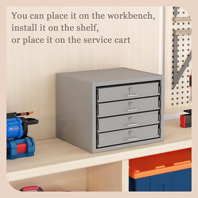 Steel Compartment Box Slide Rack, 4 Divider Scoop Boxes, Cold-Rolled Steel, 20" L x 15.75" W x 15" H, Carry-on Tool Box, Gray — Small Parts Organizer for MRO, Shop & Garage