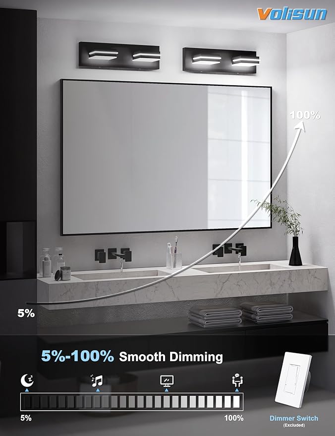 VOLISUN 5CCT Dimmable Bathroom Light Fixtures Over Mirror, Modern Bathroom Vanity Light Fixtures, 360°Rotatable Head, Black LED Vanity Lights for Bathrooms(15.5-Inch)
