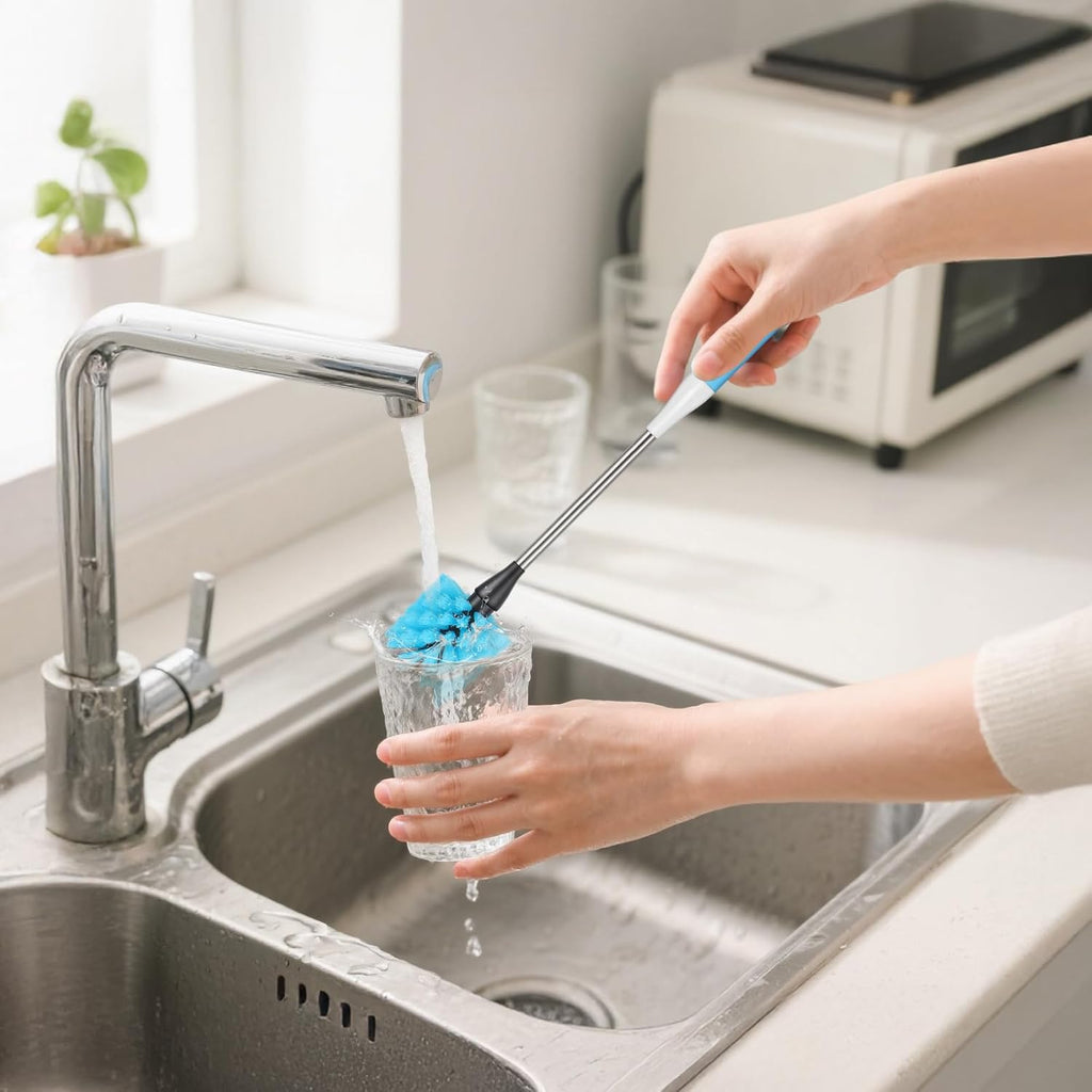 2-in-1 Water Bottle Brush, 14.5-inch Long-Handled Cleaning Brush, Kitchen Scrubber, Lid Cleaner, Suitable for Water Bottles, Cups, Glasses, Baby Bottles, Blue