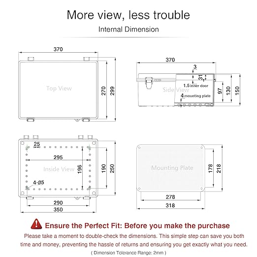 QILIPSU Waterproof Junction Box IP67 Outdoor Plastic Electrical Project Enclosure Weatherproof with Inner Door, Mounting Plate, Wall Brackets, Hinged Grey Cover 14.6"x10.6"x5.9" -D