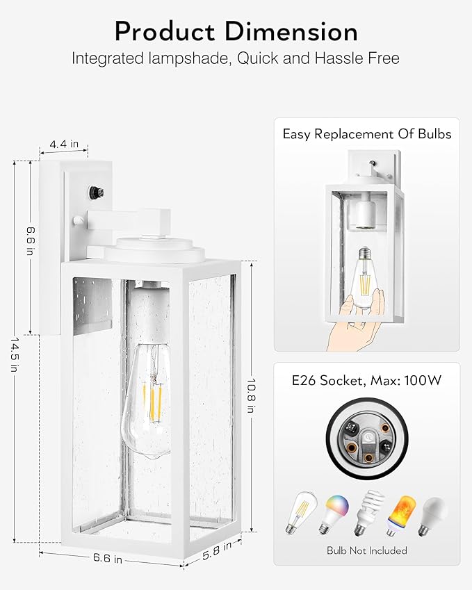 VIANIS Dusk to Dawn Outdoor Lighting, 2-Pack Large Size White Exterior Light Fixtures with Tempered Seed Glass, Waterproof Outdoor Wall Light Fixture, Anti-Rust Porch Lights Outdoor for Porch, Garage