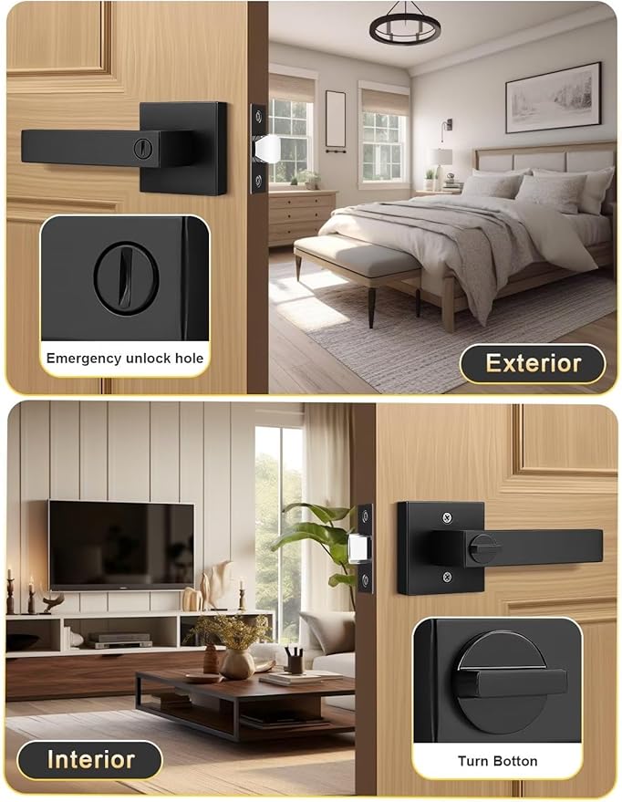4 Pack Square Privacy Door Levers Locksets in Matte Black Finish, Bed/Bath Door Levers Keyless Interior Handles,Reversible for Left Right Handed Doors