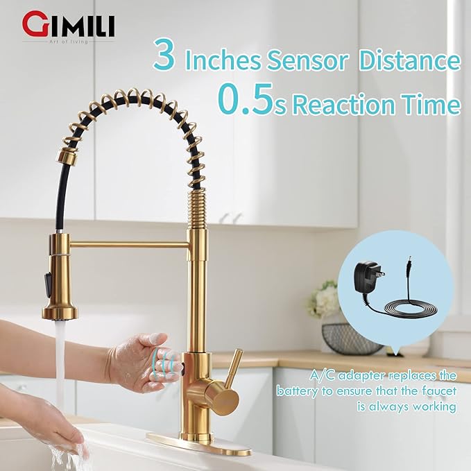 GIMILI Gold Touchless Kitchen Faucet with AC Adapter, Smart Motion Sensor Hands Free Single Handle Kitchen Sink Faucet with Pull Down Sprayer, Brushed Gold