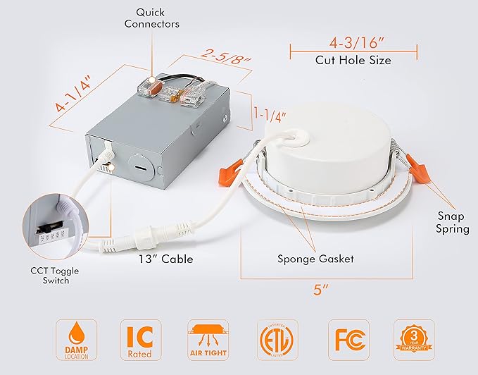 CLOUDY BAY Eyeball 4 inch 5 Color Gimbal LED Recessed Light with Junction Box, 9.5W CRI90+ 2700K/3000K/3500K/4000K/5000K Selectable,Dimmable, Canless Recessed Spotlights, Damp Rated, White,Pack of 6