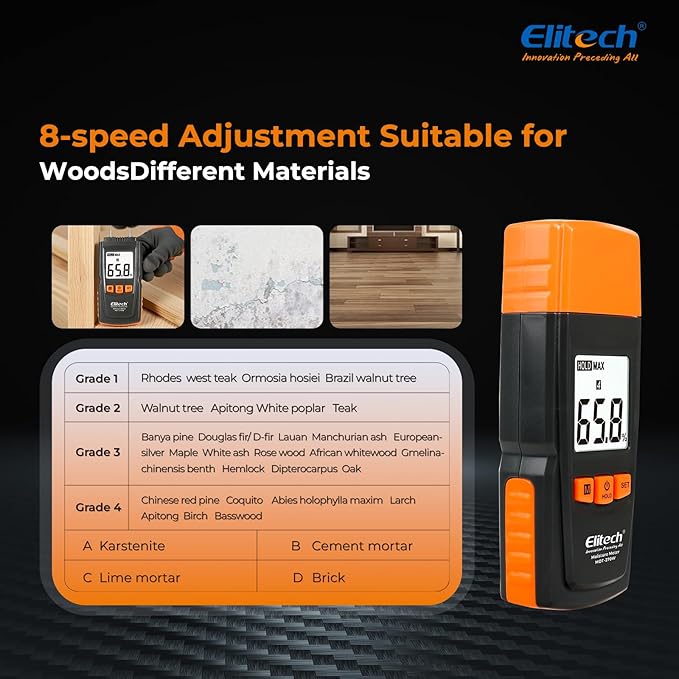 Elitech Digital Moisture Meter Water Leak Detector with Pin Probes, Moisture Tester for Wood Floors Walls with 4 Wood & Material Modes, Hold Function, Max/Min Reading MOT-270W