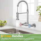 Wall Mount Faucet, Hurran Kitchen Faucet, 8 Inch Utility Sink Faucet with 2 Functions Sprayer, Commercial Kitchen Sink Faucet Dual Handles for Laundry Room Restaurant Compartment Sink (Chrome)