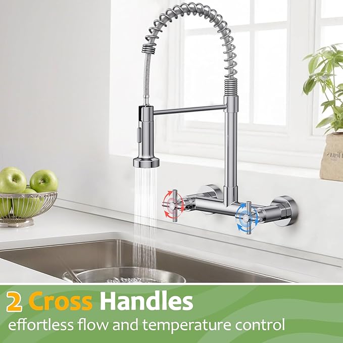 Wall Mount Faucet, Hurran Kitchen Faucet, 8 Inch Utility Sink Faucet with 2 Functions Sprayer, Commercial Kitchen Sink Faucet Dual Handles for Laundry Room Restaurant Compartment Sink (Chrome)