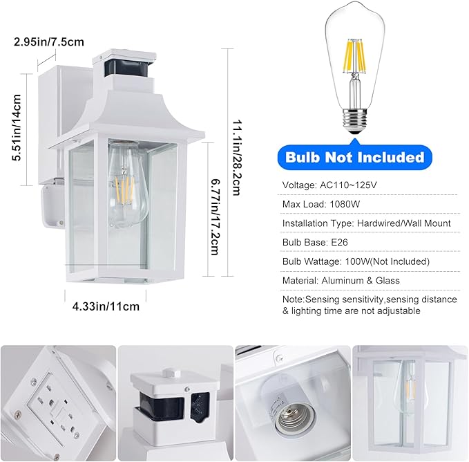 2 Pack White Porch Lights with GFCI Outlet, Dusk to Dawn Motion Sensor Outdoor Lighting, Waterproof Exterior Wall Sconces for House Front Door and Garage