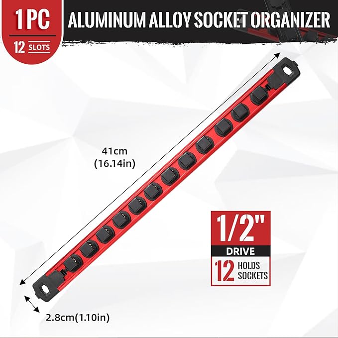 Magnetic Socket Organizer, 1-Piece Heavty Duty Aluminum Socket Holder, Socket Rail for Tool Box, Premium Quality 360° Swivel Socket Rack with 12 Clips for 1/2-Inch(Red)