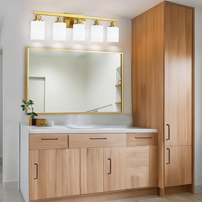 Gold Bathroom Light Fixtures, 5-Light Modern Brushed Gold Vanity Lighting Fixtures for Bathroom Over Mirror, 30" Gold Sconces Wall Lighting for Bedroom Hallway Living Room
