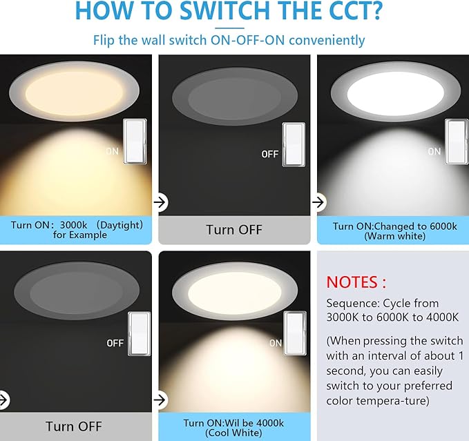 8 Inch LED Recessed Light with Junction Box.12Pack Ultra Thin LED Recessed Lights 3CCT 3000K/4000K/6000K Selectable Dimmable,18W 8" Ceiling Canless Light Downlight, Can Killer Lighting CR80