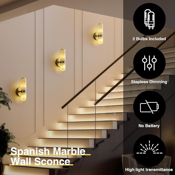 Alabaster Wall Sconces, 13in Brass Alabaster Sconce, Modern Spanish Natural Marble Sconces Lights, Gold Sconces for Bathroom Vanity Bedroom Living Room Staircases Hallway