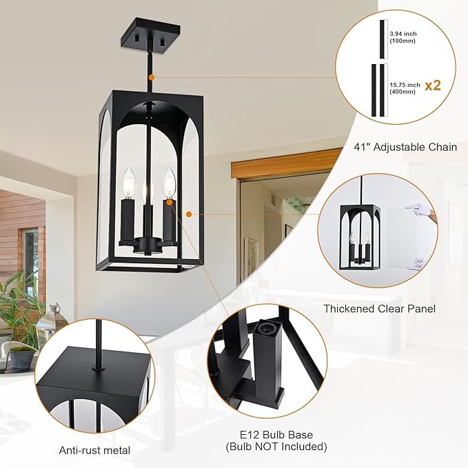 VINLUZ 3 Lights E12 Outdoor Pendant Lighting Fixture in Black Finish Finish, Farmhouse Hanging Lantern Chandelier with Clear Glass Shade for Porch Entryway Hallway