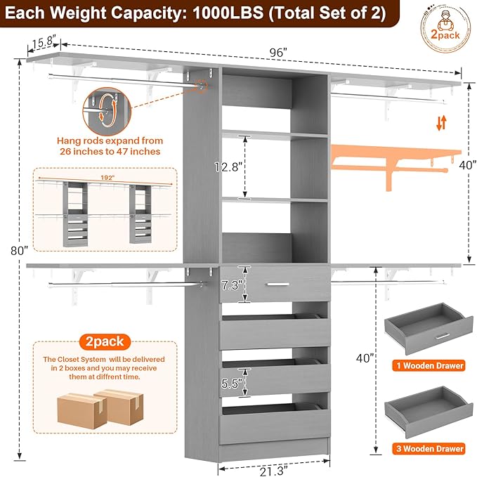 Aheaplus Closet System with Drawers Set of 2, Wood Closet Organizer System with 8 Hanging Rods & Top Shelves, Walk-in Closets Organizer Wardrobe Clothes Rack System, Cut Fits Spaces 4-9FT. Wide, Grey