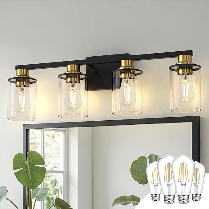 DORESshop Bathroom Light Fixtures, 4-Light Black and Gold Bathroom Lighting Fixtures Over Mirror with Glass Shade, Modern Vanity Lights for Hallway Bedroom, Includes Bulbs