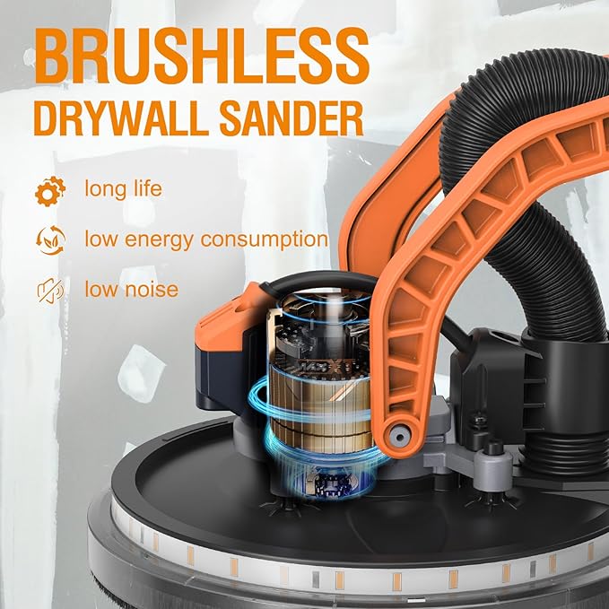 MAXXT Brushless Random Orbital Drywall Sander, 550W Powerful Constant Speed Electric Drywall Sander, 6 Variable Speed 600-1200RPM Foldable Sander Tool, With Memory Variable Speed, 360° Led Light