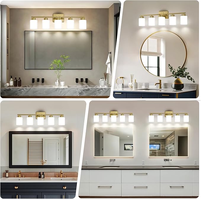 Brushed Gold Bathroom Light Fixtures, 5-Light Modern Vanity Light Over Mirror, Wall Sconces with Milky White Frosted Glass Shades, E26 Socket (Bulbs Not Included)